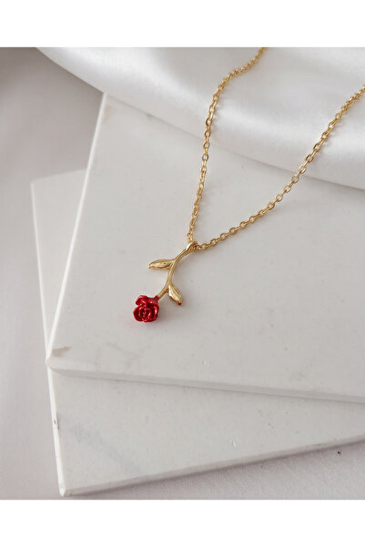 PURE BERRY Kırmızı Gül Kolye Gold Kaplama | Minimal Gül Çiçeği Kadın Zincir K...