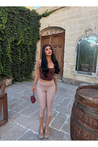 kırmızı butiks Beige Gingham Capri Pants