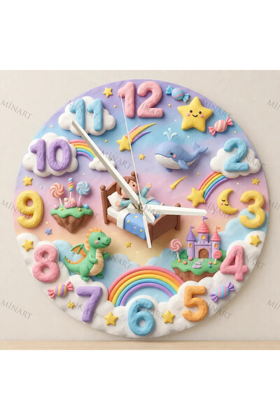 ensaat Pastel Dreamland Children's Room Wall Clock Silent Wooden Clock 34.5 cm