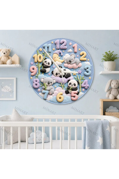 ensaat Pastel Panda and Koala Children's Room Wall Clock Silent Wooden Clock ...