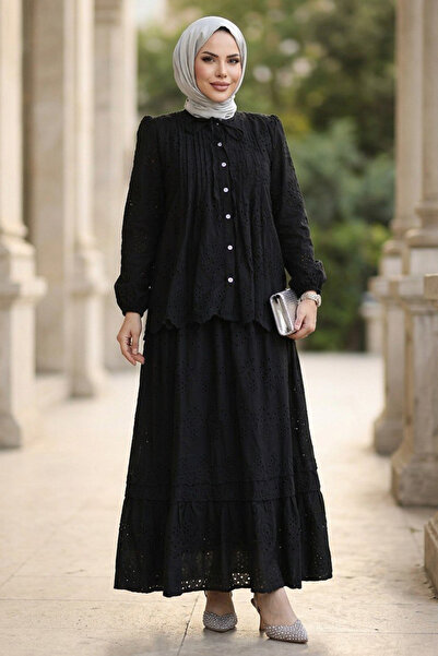 Neva Style Set dublu cu guler cu volane, negru, cu design festonat, stil hija...