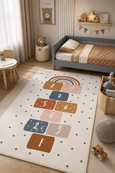 DECOVİST HOME Yıkanabilir, Kaymaz Tabanlı ve Leke Tutmaz Seksek Desenli Çocuk...