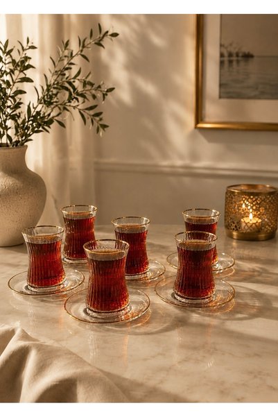 Şahika Kristal cama atılan imza İpek Gold 12 Piece Crystal Glass Tea Set for 6 People