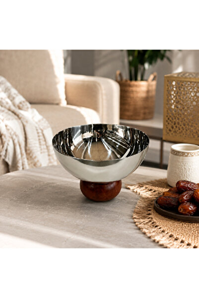 Warehouse Stainless Steel Serving Bowl with Wooden Base - 16 cm