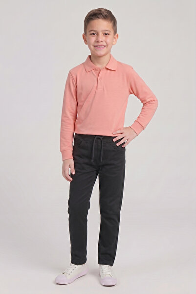 nacar çarşı Boys' Salmon Long Sleeve Polo Collar T-Shirt Black Ribbed Waist C...