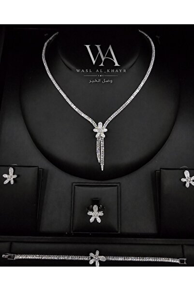 WASL ALKHAIR طقم مجوهرات من الزركون الفاخر بتصميم زهرة وشراريب متدلية – عقد و...