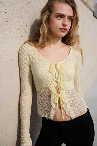 DAMGA JEANS Women's Casual Tie-Up Yellow Long Sleeve Blouse