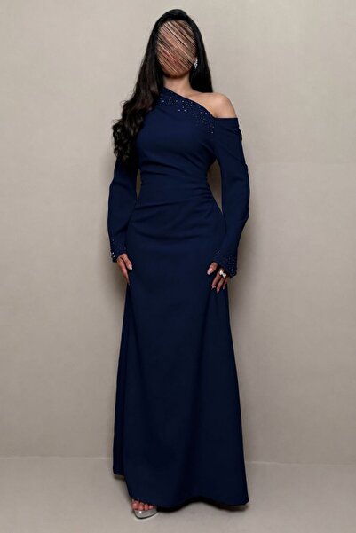 Mar style One Shoulder Long Sleeve Rhinestone Maxi Evening Dress