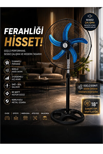 Arsimo 18 Inc Sanayi Tipi Ayaklı Vantilatör - 85W Güçlü Motor, 5 Kanatlı Mavi...