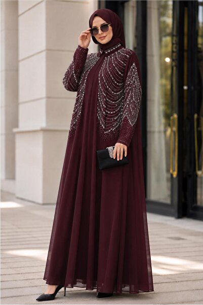 TRENDTESETTÜR KADIN BORDO TAŞ İŞLEMELİ ŞİFON ABİYE ELBİSE T 9431