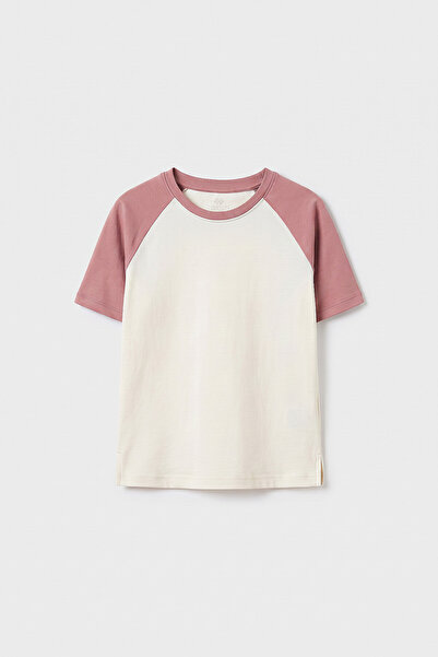 TOMMY LIFE Ecru-Dried Rose Standard Fit Raglan Sleeve Girls' T-Shirt - 75180