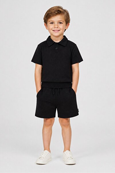 Fudo Kids Boy 3 Pieces Polo Shirt With Bottom And Patches Set, Black