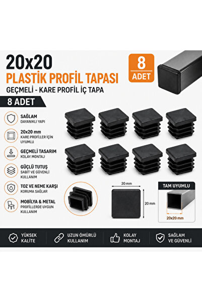 Home 20x20 Plastik Profil Tapası 8 Adet Kare Profil İç Tapa Geçmeli Profil Ka...