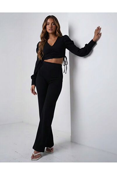 Merlot Black Jacquard Trousers with Elastic Waistband