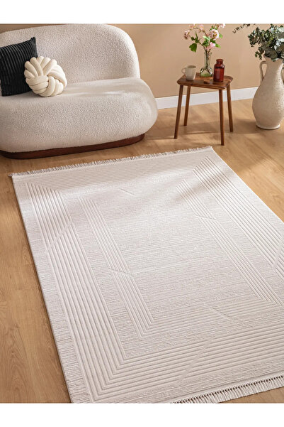 Tuğra Halı Işıl IL04 Krem Akrilik Minimal Geometrik Halı 80 x 150 cm