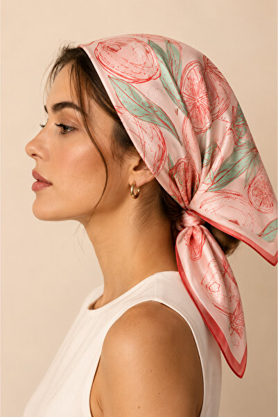 Sehlen Kadın Limon Nane Desenli Saten Fular Bandana 56x56 cm - Pudra Pembe