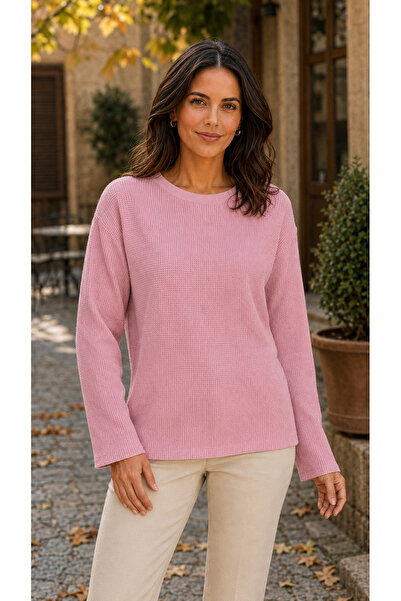 TREND EMMODA Women's Solid Color Simple Waffle Textured Round Neck Sweatshirt