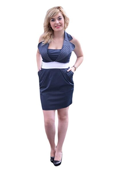 OEM Rochie bleumarin cu panglica alba in talie si fundita in spate