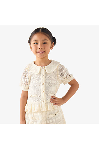 ELIGO Sailor Collar Short Sleeves Peplum Top with Lace