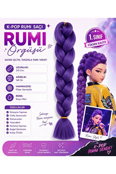 Rhea Company K-Pop Rumi Saçı Koyu Mor Örgü Saçı 210 cm 165 gr Fiber Sentetik ...
