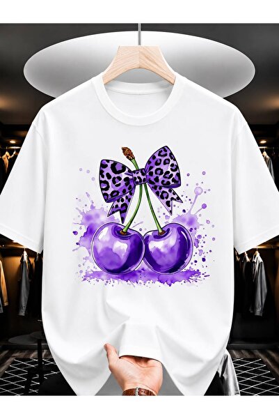 EYMORA White Purple Cherry and Leopard Bow Printed Unisex T-Shirt