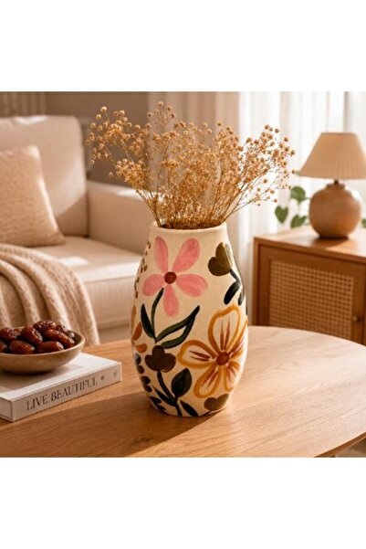 Warehouse Long ceramic vase decorated with flowers