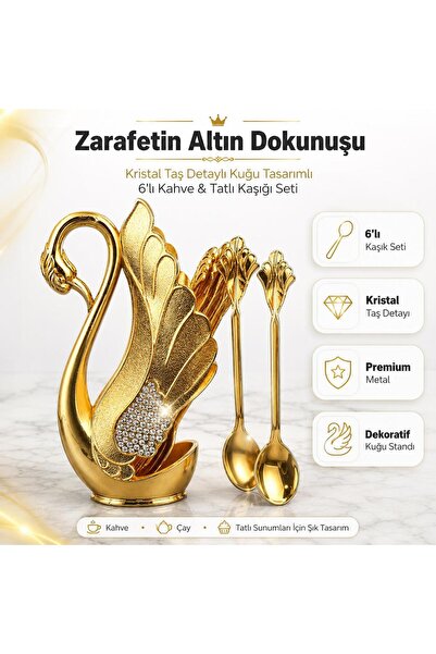 e-life shop Lüks İskandinav Kuğu Tutuculu 6'lı Kahve Çay Tatlı Kaşığı Seti Kr...