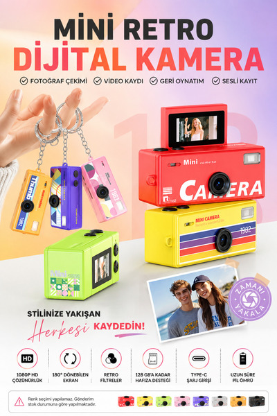 Mini Retro Dijital Kamera 1080P HD Video Fotoğraf Makinesi 180° Dönebilen Selfie Ekranlı Type-C Şarjlı Taşınabilir Kamera