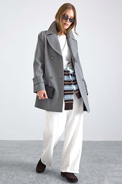 Olcay Metal Buttoned Double-Breasted Sports Coat Gray 3166