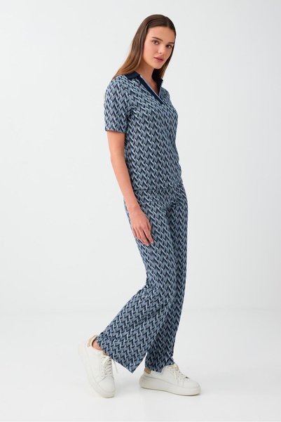 Jimmy Key Navy Blue Geometric Patterned Knitted Trousers with Elastic Waist