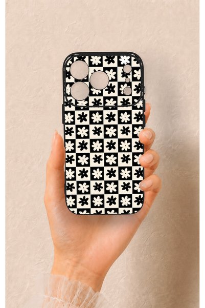 Vip Case iPhone 17 Pro Compatible Floral Motif Checkered Pattern Silicone Case