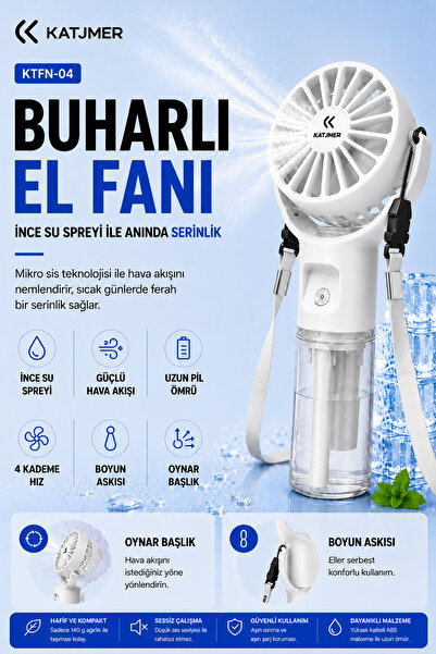 KATJMER KTFN-04 Buharlı Sulu El Fanı, 4 Kademeli Şarjlı Mini Vantilatör, İnce...
