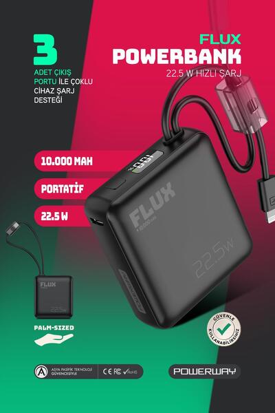 POWERWAY 10.000 Mah PD 22.5W Hızlı Şarj Gerçek 10.000 mAh Garantili Flux Siya...