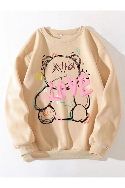 WESTİMO Women's Beige Love Teddy Bear Printed Oversize Crew Neck Sweatshirt