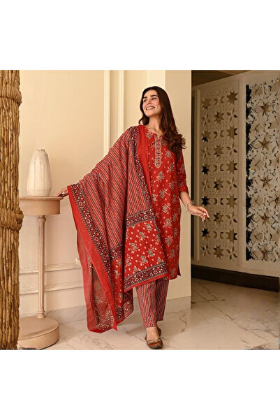 MYSMAR Red Viscose Kurta Pant Dupatta Set - VRN1033 | Red-Size:XL-42-Inches