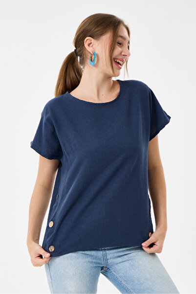 della moor Navy Blue Italian 60% Linen Oversize Blouse with Button Accessorie...