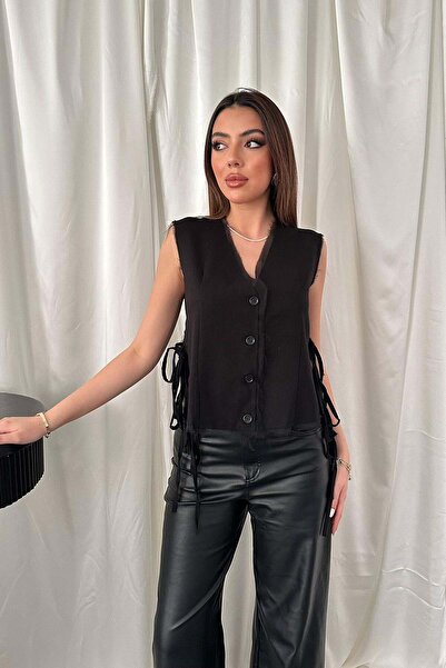 Clothes Fast Vestă neagră pentru femei, cu nasturi, cu șireturi laterale, cu ...