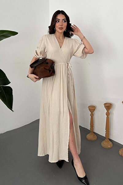 Moda Days Women's Beige Double-Breasted Collar Belted Balloon Sleeve Slit Mus...