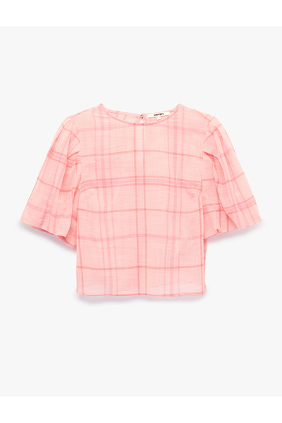 Koton Cotton Plaid Crew Neck Short Sleeve Blouse
