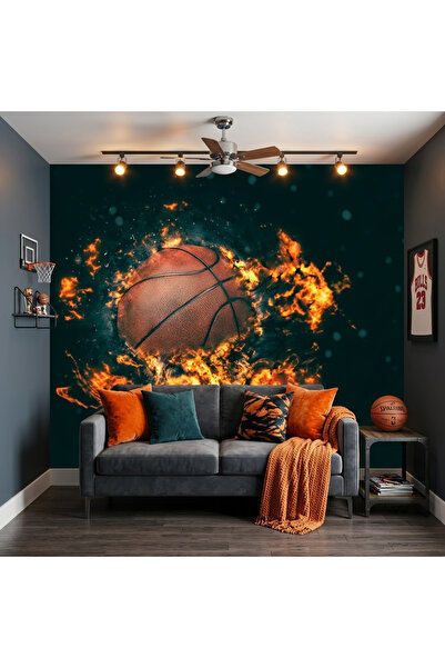 DecorDrive Alevli Basketbol Topu ve Karanlık Zemin Duvar Kağıdı