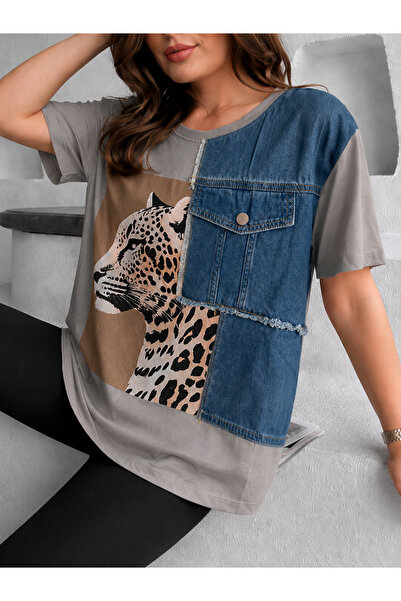 BellaVita Botuique Leopar Baskılı Denim Cep Detaylı Oversize Tişört Gri