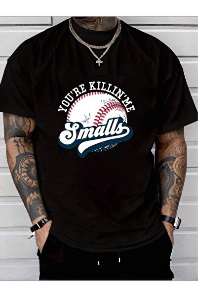 9TAY Cool Black Patterned T-Shirt Featuring Baseball-Themed Design, Printed W...