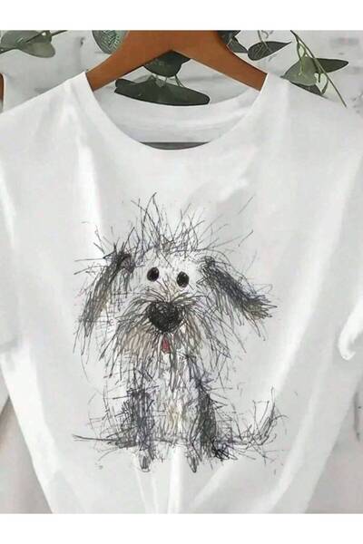 23ERVA Women's T-Shirt With Hand-Drawn Style Puppy Print, White Short Sleeves...