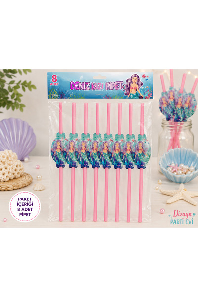 Dizayn Parti Evi Deniz Kızı Temalı Pipet 8 Adet – Mermaid Konsept Doğum Günü ...
