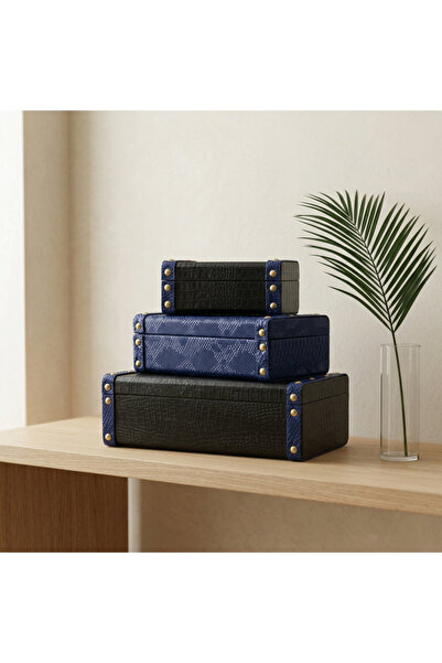Generic Brand Set of 3 Leather Boxes - Blue and Black - 8X10X19 cm - 9X15X26....