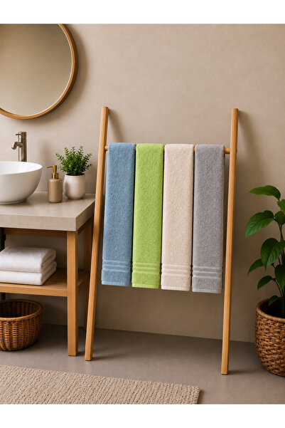 İQON Set of 4 100% Cotton Bath Towels Blue-Green-Ecru-Grey (70X120 cm)
