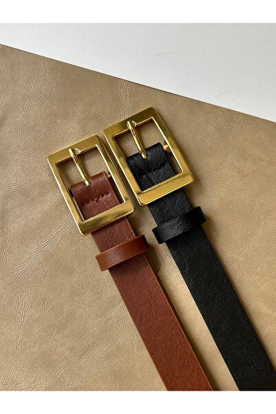 LİA KEMER 2Pcs Square Gold Buckle Belt Waist Belt Coat Belt Dress Belt Trouse...