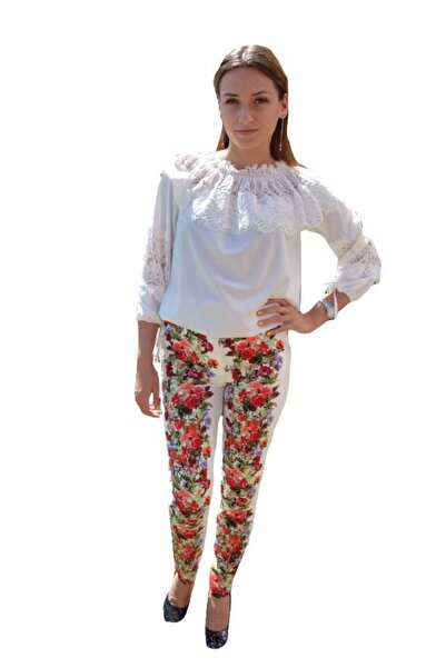 OEM Pantalon feminin cu imprimeu floral multicolor pe fond alb