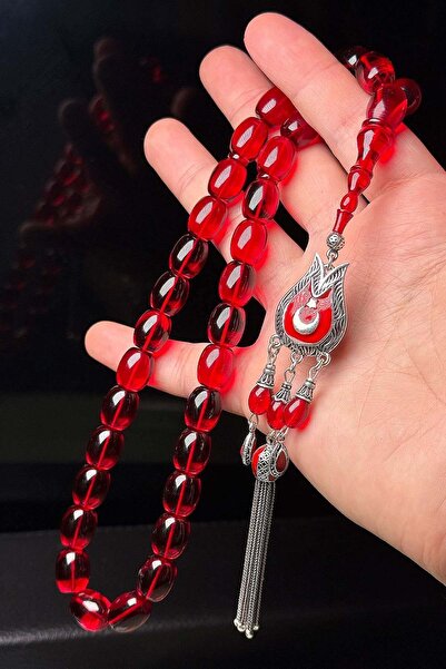 TESBİHKENTİ Ayyıldızlı Tulip Silver Tassel Red Fire Amber Prayer Beads