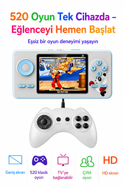 qasul 520 Oyunlu Taşınabilir Oyun Konsolu Şarjlı, Tv Bağlantılı, Çift Kişilik Oynanabilir S5 MAVİ